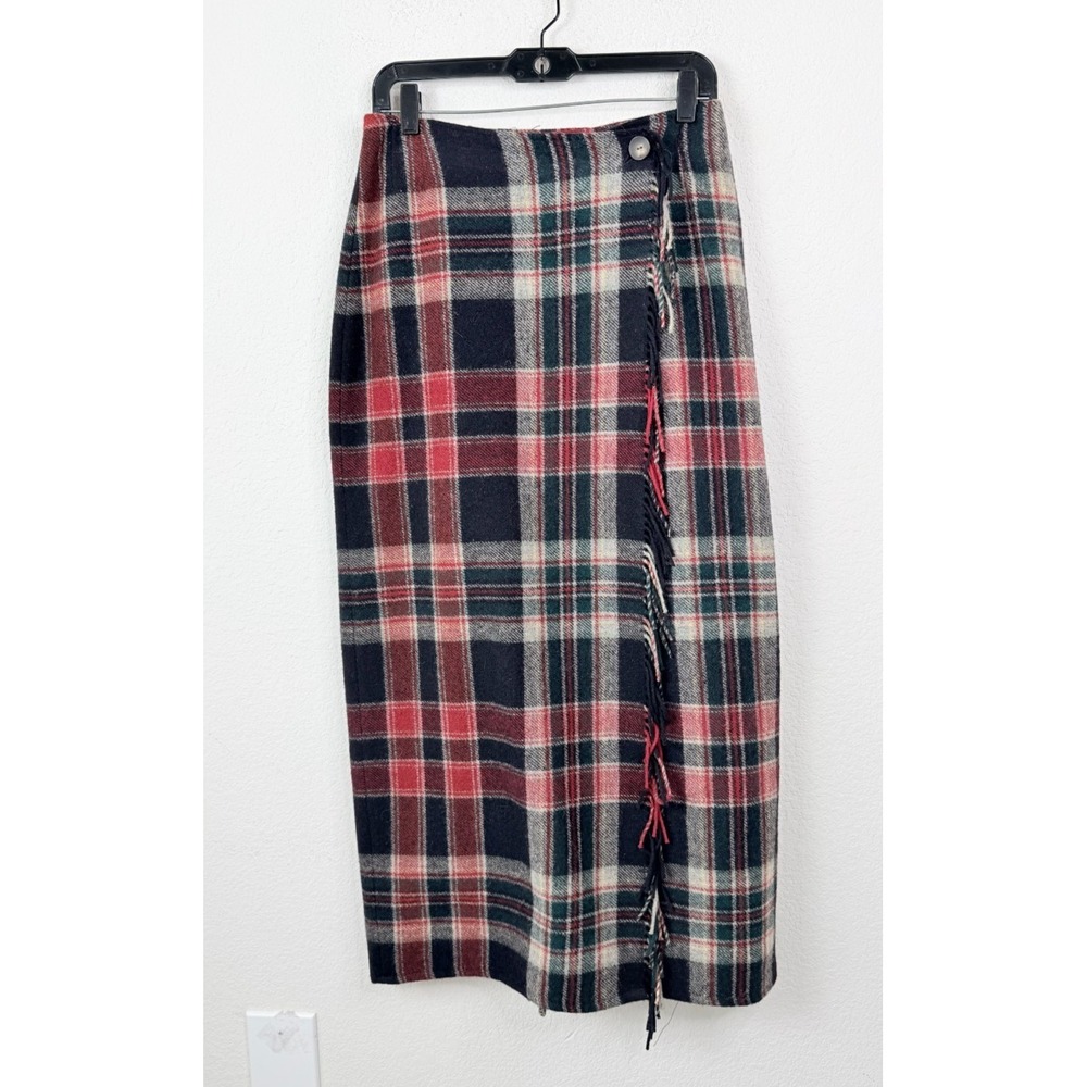 Vintage Eddie Bauer Plaid Wool Blend Wrap Midi Skirt 10 Fringe Academia Preppy